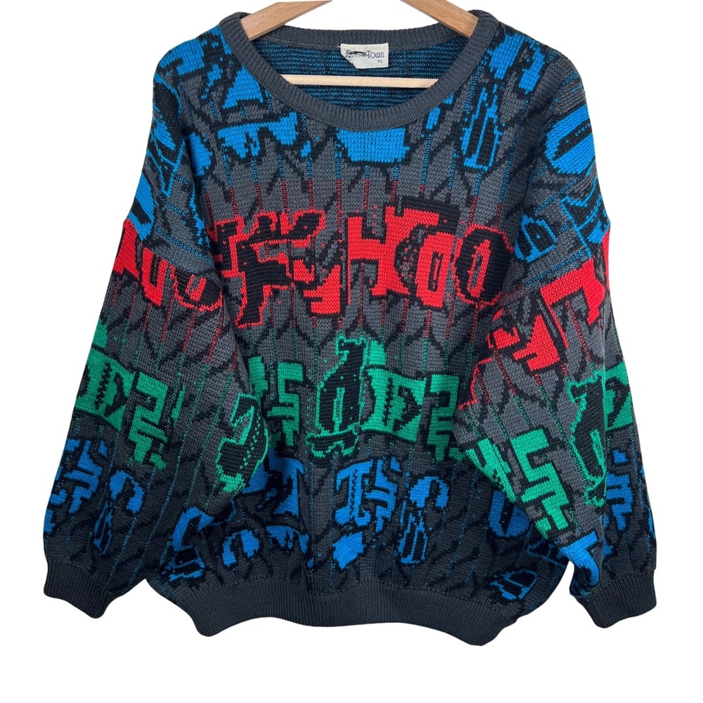 Vtg Old Town XL 90s Graphic Knit Sweater Abstract Hip Hop‎ Era Loud Streetwear